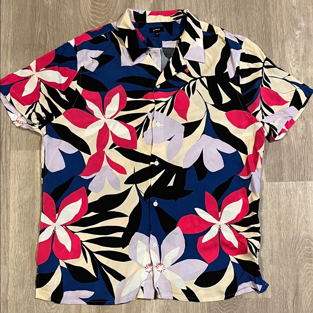 Express Blue and Pink Floral Men's Shirt